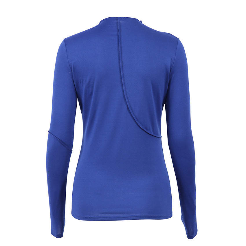Fruehlings-T-Shirt-mit-langen-Aermeln-Stehkragen-gestrickt-blau-sexy-europaeisches-und-amerikanisches-asymmetrisches-weibliches-Top