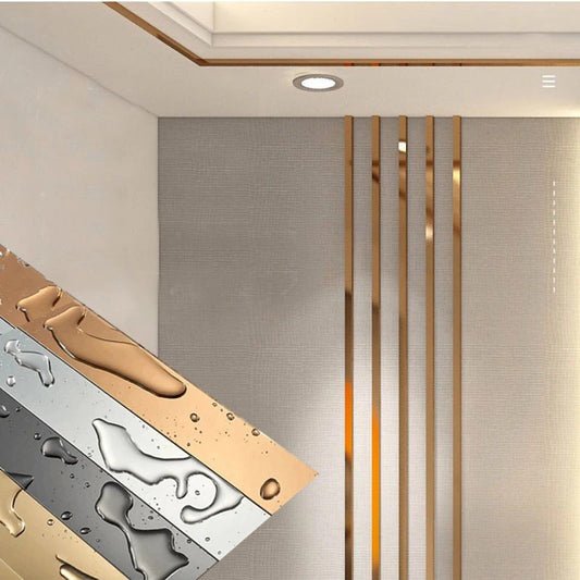 1 Rolle Gold Wandaufkleber Edelstahl flache dekorative Linien Titan Wand Decke Randstreifen Spiegel Wohnzimmer Dekoration Einfache Streifen-Wandaufkleber aus Edelstahl für Wohnzimmer, TV-Hintergrund, DIY-Kunst