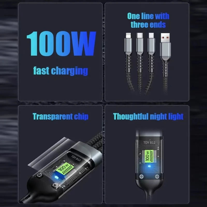 3-in-1 USB Cable 100 W | Fast Charging and Data Cable for Type-C, Micro &amp; Lightning